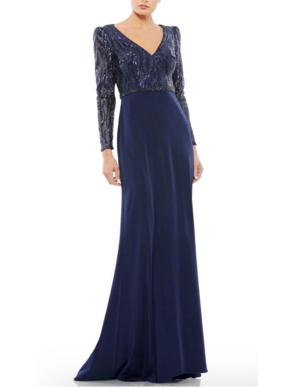 Mac Duggal Midnight Navy Embellished Long Sleeve Bodice Column Sequins Gown